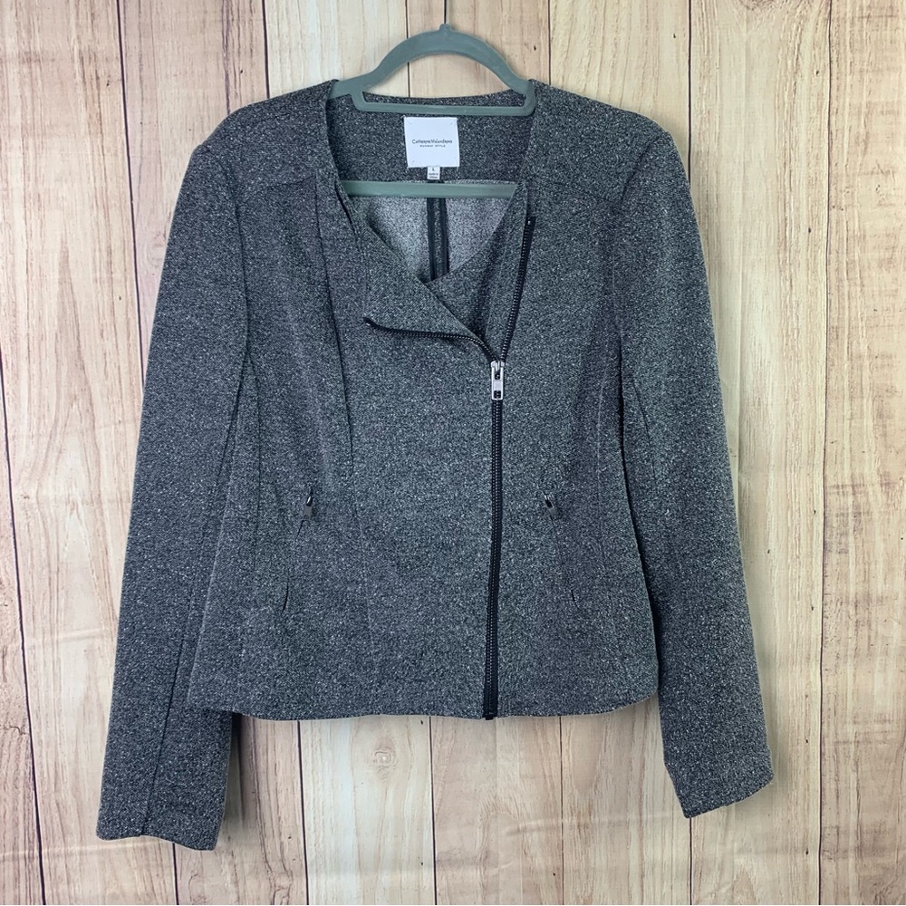 WOMENS CATHERINE MALANDRINO RUNWAY STYLE GRAY TEXTURED KNIT MOTO ZIP JACKET LG‎